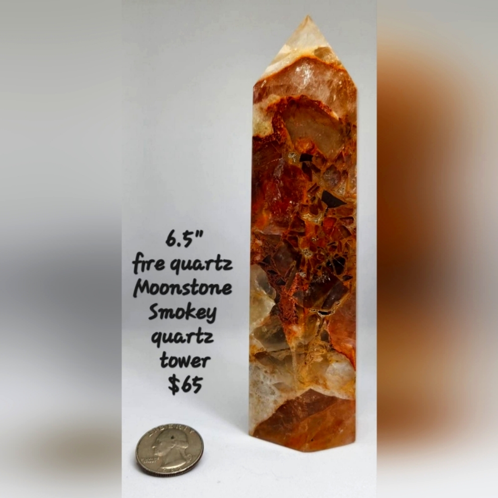 Firestone quartz with moonstone and smokey quartz inclusions  tower
